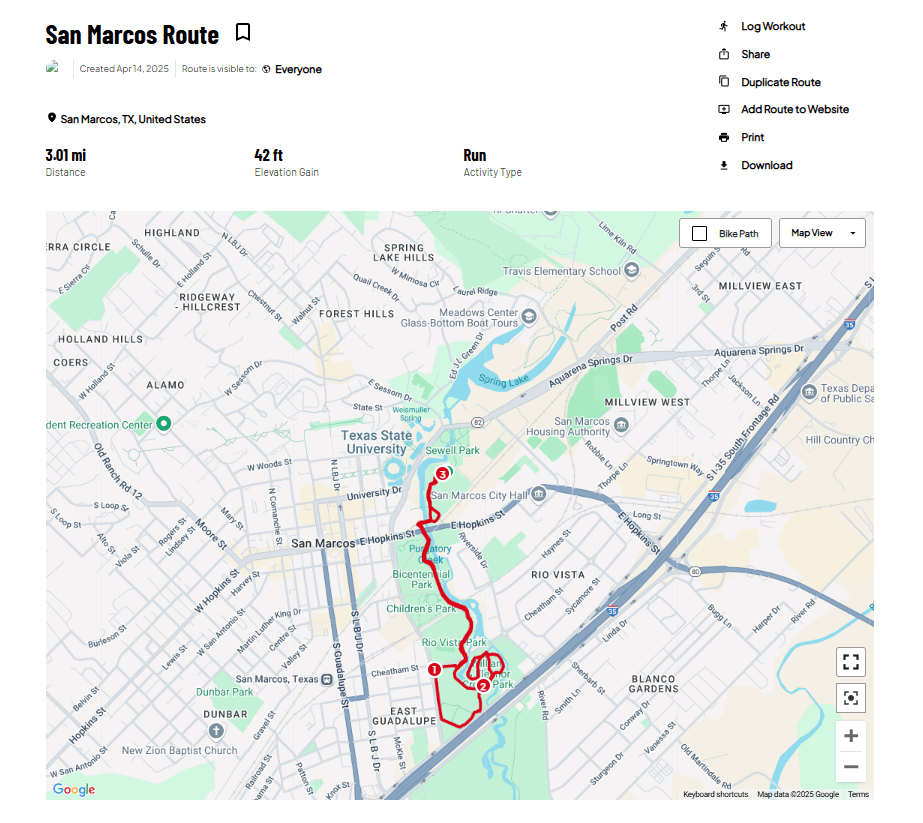 Picture of the route for the Juneteenth 5k happening in San Marcos TX hosted by the Dunbar Heritage Association. 