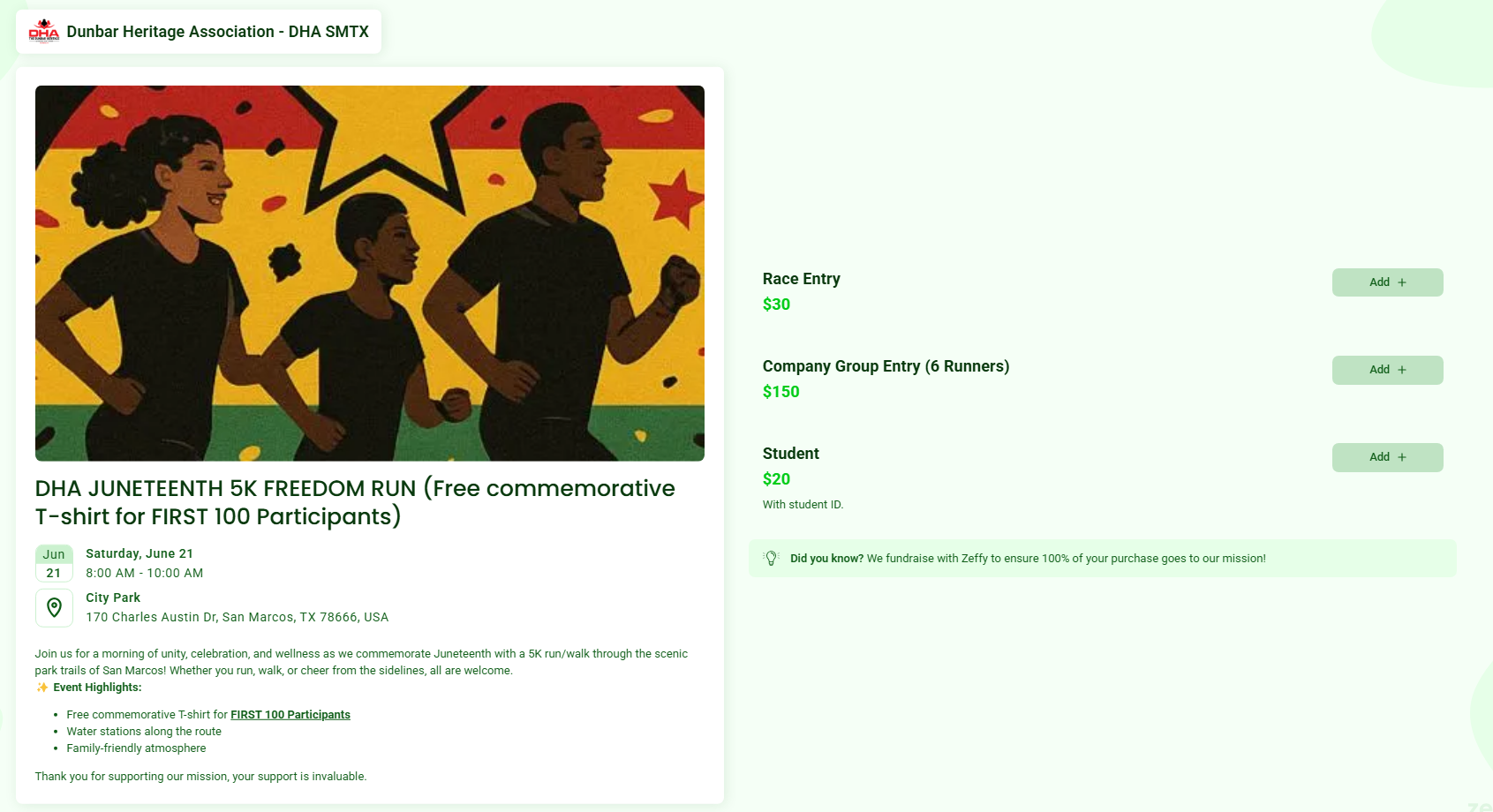 Picture of registration page for the Juneteenth 5k in San Marcos TX hosted by the Dunbar Heritage Association. 