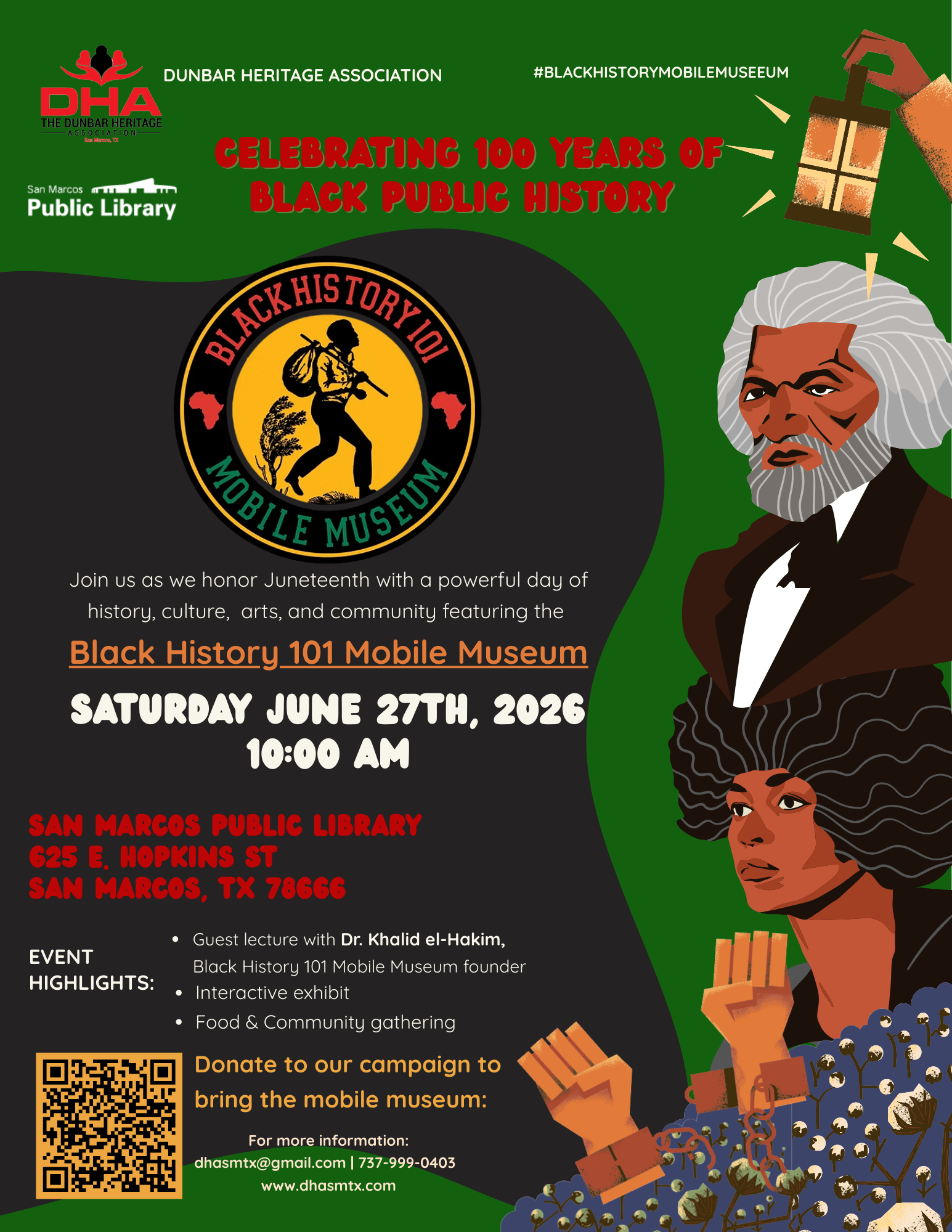This is a flier with information about the Dunbar Heritage Association's celebration of Black history, featuring the Black History 101 Mobile Museum on June 27, 2026. The public exhibit will take place at the San Marcos Public library starting at 10:00 a.m.